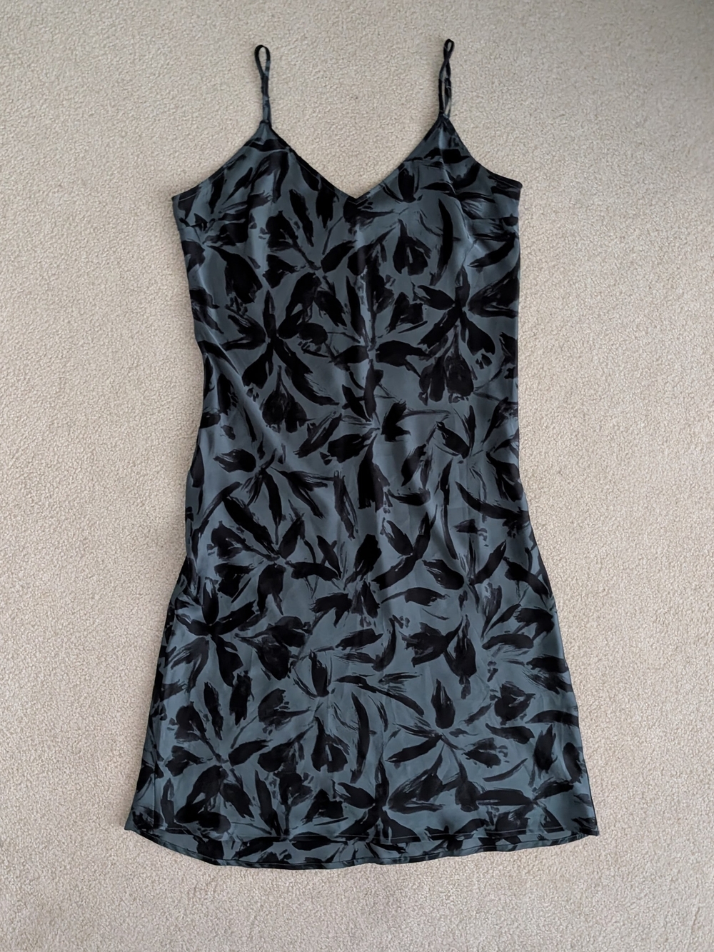 NWOT Satin Slip Dress with Black Floral Print - Green/Black